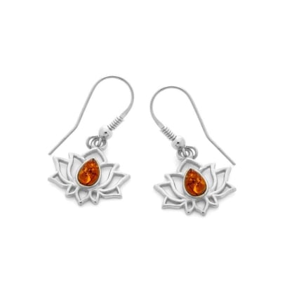 Doğal konyak kehribarlı, rodyum kaplama gümüşlü lotus sallantılı küpe