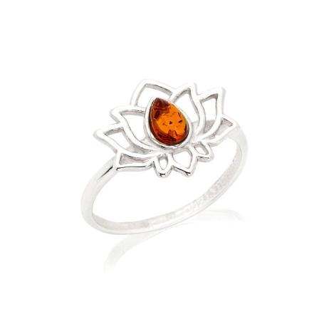 Bague lotus avec ambre cognac naturel goutte, en argent rhodié 925