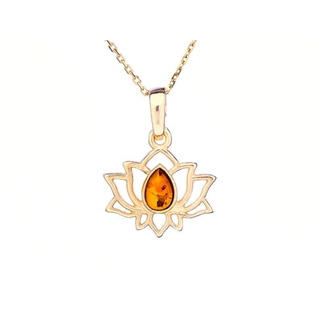 Pendentif lotus avec ambre cognac naturel goutte, en argent doré 925