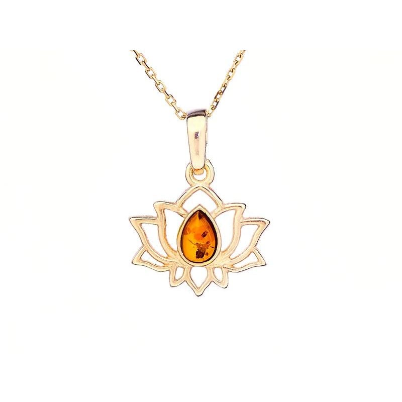 Pendentif lotus avec ambre cognac naturel goutte, en argent doré 925