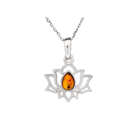 Lotus pendant with natural cognac amber drop, in rhodium-plated silver 925