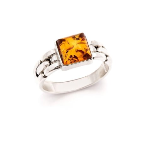 Vierkante Zegelring met vierkante natuurlijke cognac-amber, in 925 gerhodineerd zilver