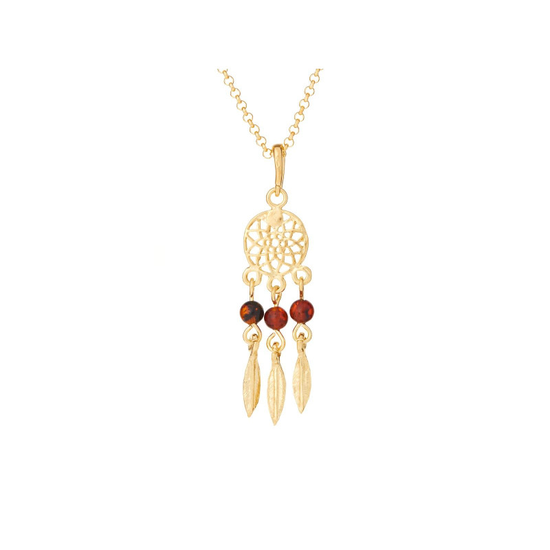 Collana acchiappasogni con ambra cognac, in argento dorato 925, lunghezza 42+3 cm