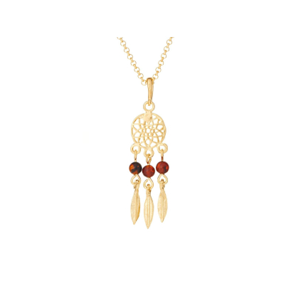 Collana acchiappasogni con ambra cognac, in argento dorato 925, lunghezza 42+3 cm
