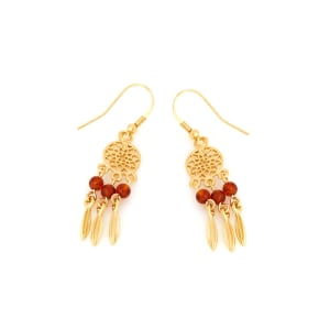 Boucles d'oreilles attrape-rêves avec ambre cognac naturel, en argent doré 925