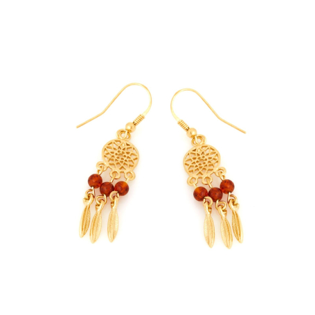 Boucles d'oreilles attrape-rêves avec ambre cognac naturel, en argent doré 925