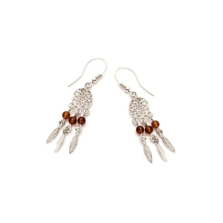 Boucles d'oreilles attrape-rêves avec ambre cognac boule, en argent rhodié 925