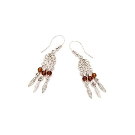 Dromenvanger oorbellen met bol cognac amber, in 925 gerhodineerd zilver