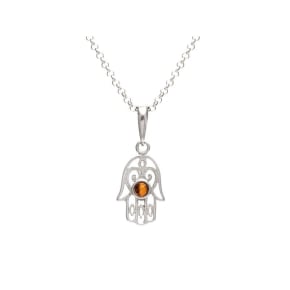 Hamsa hand pendant with cognac amber, 925 rhodium silver, height 1.5+1 cm