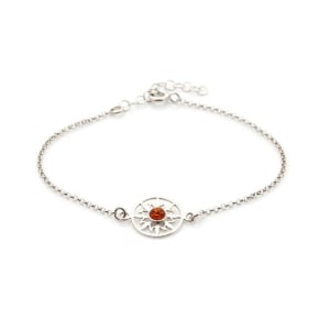 Sun bracelet with round cognac amber, in 925 rhodium silver, length 17+3 cm