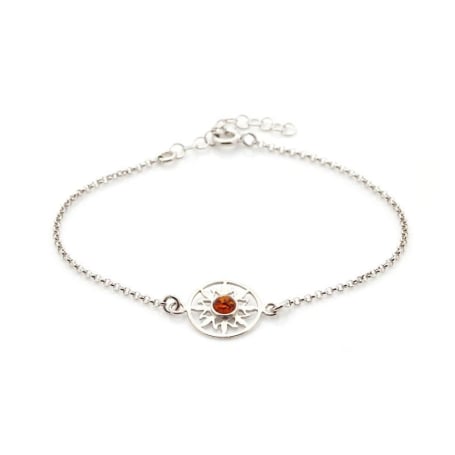 Pulsera sol con ámbar coñac redondo, en plata 925 rodiada, longitud 17+3 cm