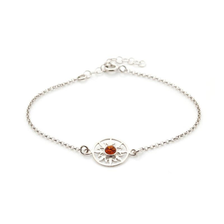 Sonnenarmband mit rundem Cognac-Bernstein, aus 925 rhodiniertem Silber, Länge 17+3 cm