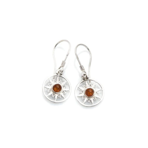 Sun earrings with natural cognac amber, in 925 rhodium silver