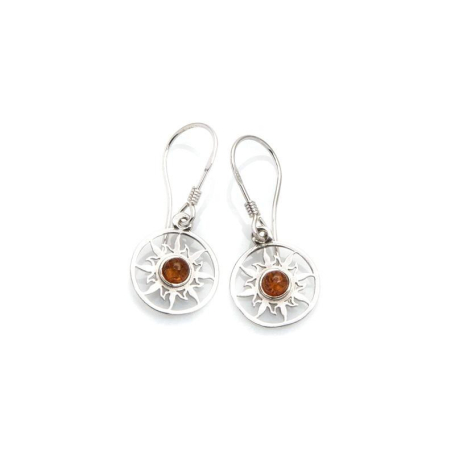 Sun earrings with natural cognac amber, in 925 rhodium silver