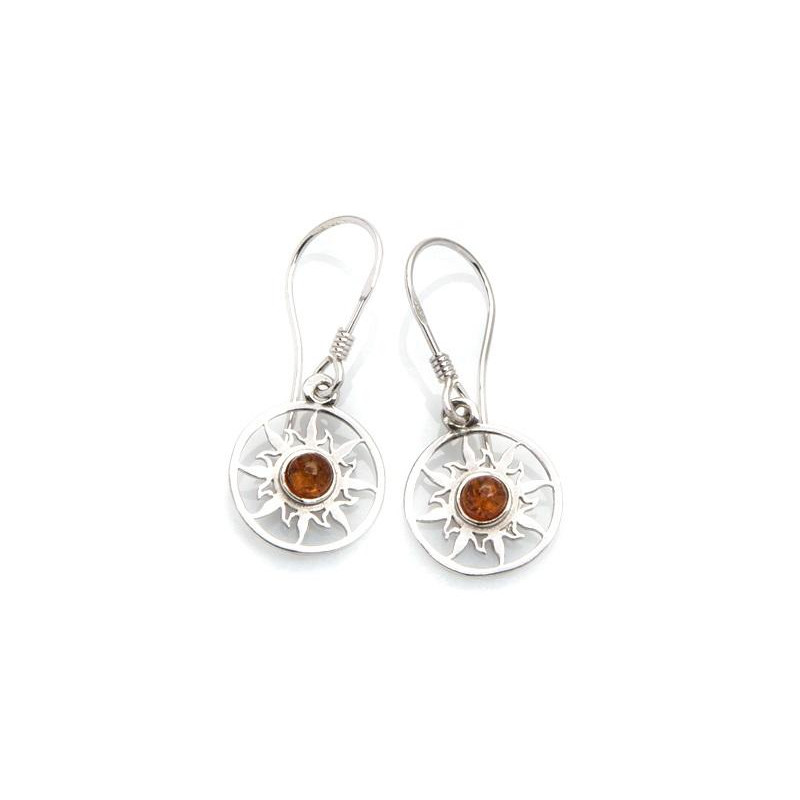 Orecchini sole con ambra naturale cognac, in argento 925 rodiato