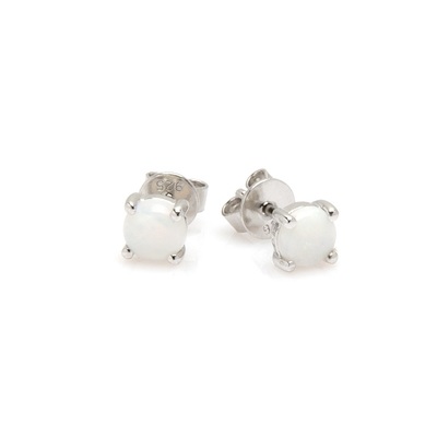 Wholesaler of jewelry and accessories - Stud earrings with round natural white opal, in rhodium-plated silver 925/1000