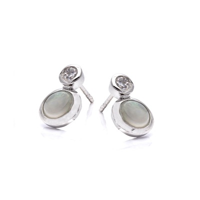 Wholesaler of jewelry and accessories - Stud earrings with round opal and zirconium oxide, in rhodium-plated silver 925/1000