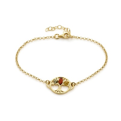 Wholesaler of jewelry and accessories - Tree of life bracelet with multi-colored amber, 925/1000 gold-plated silver, length 18+ 3 cm