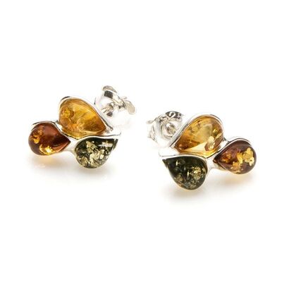 Wholesaler of jewelry and accessories - Leaf stud earrings with multi-colored amber drop, in rhodium-plated silver 925/1000