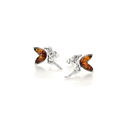 Wholesaler of jewelry and accessories - Fairy stud earrings with natural cognac amber navette, in rhodium-plated silver 925/1000