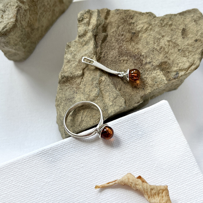 Wholesaler of jewelry and accessories - Pendant with cognac amber ball, in rhodium silver 925/1000, height 0.8+2 cm