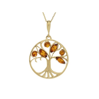 Wholesaler of jewelry and accessories - Tree of life pendant with cognac amber, in 925/1000 gold-plated silver, diameter 2.5+1 cm