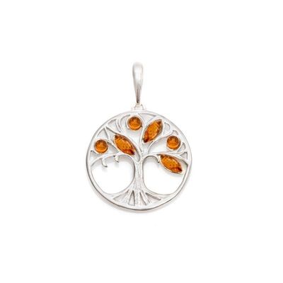 Wholesaler of jewelry and accessories - Tree of life pendant with cognac amber, rhodium-plated silver 925/1000, diameter 2.5+1 cm