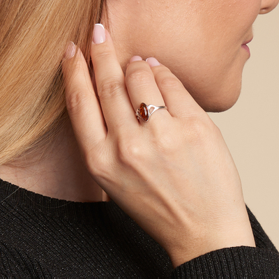 Wholesaler of jewelry and accessories - Ring with cognac amber from the Baltic Sea navette, in rhodium-plated silver 925/1000