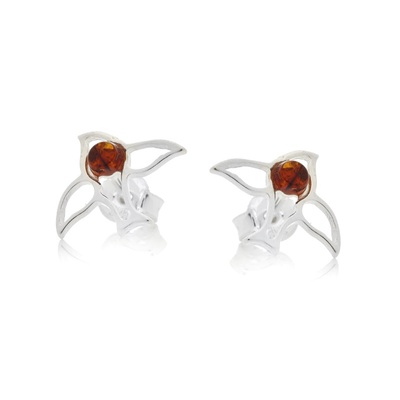 Wholesaler of jewelry and accessories - Swallow stud earrings with cognac amber ball, in rhodium-plated silver 925/1000