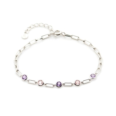Grossiste de bijoux et d'accessoires - Bracelet avec améthyste et quartz rose, en argent rhodié 925/1000, longueur 15+3 cm
