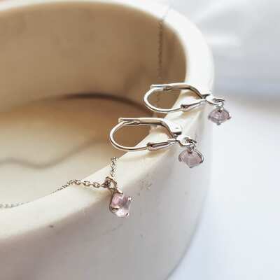 Wholesaler of jewelry and accessories - Earrings with natural rose quartz, in rhodium silver 925/1000