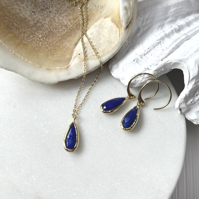 Wholesaler of jewelry and accessories - Necklace with blue lapis lazuli drop, in 925/1000 gold-plated silver, length 42 + 3 cm