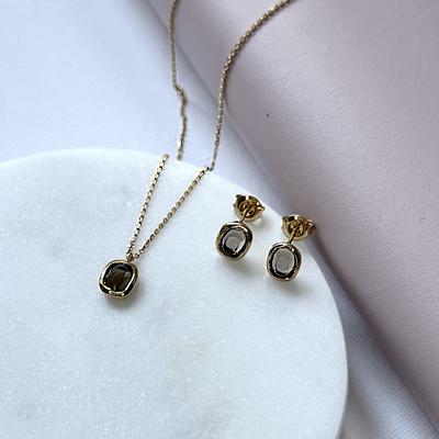 Wholesaler of jewelry and accessories - Necklace with natural smoky quartz, in 925/1000 gold-plated silver, length 42 + 3 cm