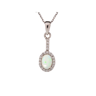 Wholesaler of jewelry and accessories - Oval pendant with opal and zirconium oxide, in rhodium-plated silver 925/1000