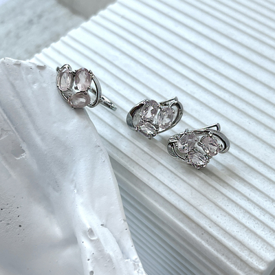 Wholesaler of jewelry and accessories - Earrings with natural rose quartz, in rhodium silver 925/1000