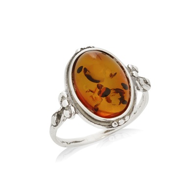Wholesaler of jewelry and accessories - Ring with oval Baltic Sea cognac amber, in aged rhodium-plated silver 925/1000