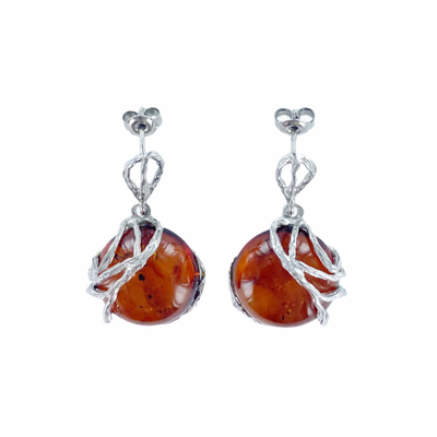 Wholesaler of jewelry and accessories - Earrings with natural cognac amber, in rhodium silver 925/1000