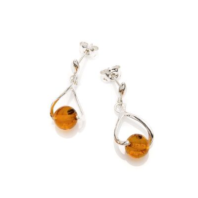 Wholesaler of jewelry and accessories - Dangle earrings with cognac amber ball, in rhodium silver 925/1000