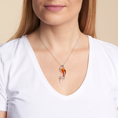 Wholesaler of jewelry and accessories - Peacock pendant with cognac amber drop, in rhodium silver 925/1000, height 5 cm