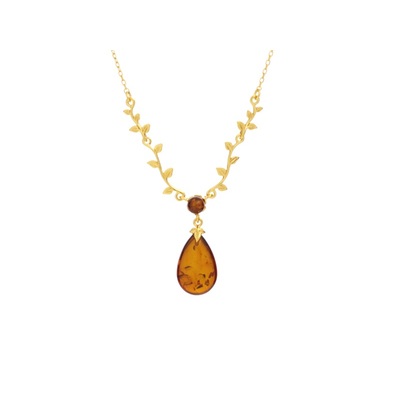 Wholesaler of jewelry and accessories - Leaf necklace with cognac amber drop, in 925/1000 gilded silver, length 42 +3 cm