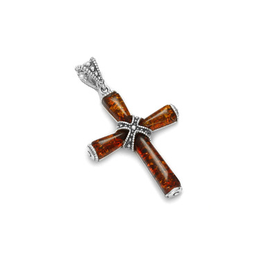 Grossiste de bijoux et d'accessoires - Pendentif croix avec ambre cognac, en argent rhodié 925/1000, hauteur 3,5+1 cm