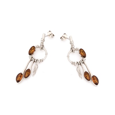 Wholesaler of jewelry and accessories - Earrings with natural cognac amber, in rhodium silver 925/1000