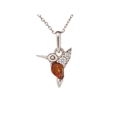 Grossiste de bijoux et d'accessoires - Pendentif colibri avec ambre goutte et oxyde zirconium, en argent rhodié 925/1000