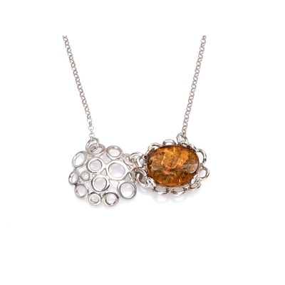 Wholesaler of jewelry and accessories - Necklace with cognac amber, in rhodium silver 925/1000, length 42 + 3 cm