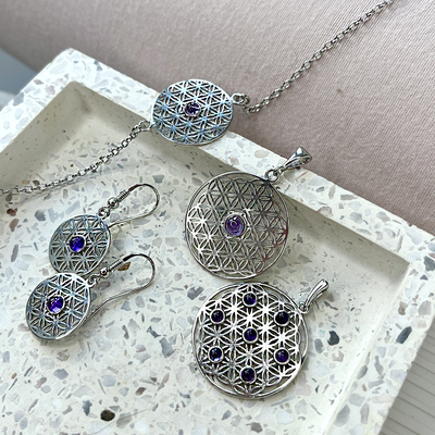 Wholesaler of jewelry and accessories - Flower of life bracelet with purple amethyst, rhodium-plated silver 925/1000, 16+ 3 cm