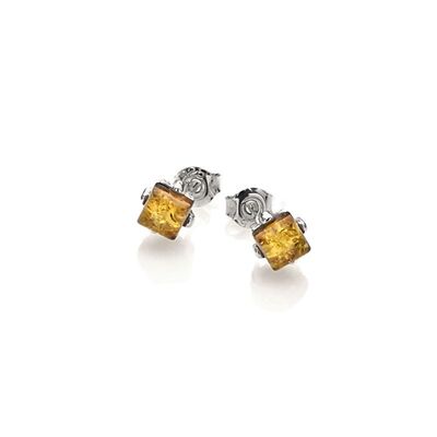 Wholesaler of jewelry and accessories - Stud earrings with natural square honey amber, in rhodium silver 925/1000
