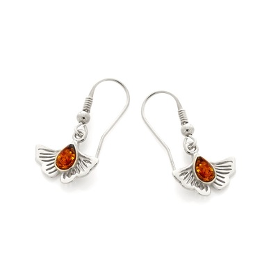 Sale of your Ginkgo Dangle Earrings with Natural Cognac Amber, Rhodium Silver Wholesale.