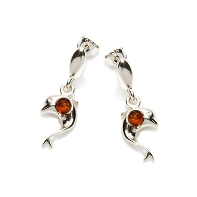Wholesaler of jewelry and accessories - Dolphin earrings with natural cognac amber, in rhodium silver 925/1000