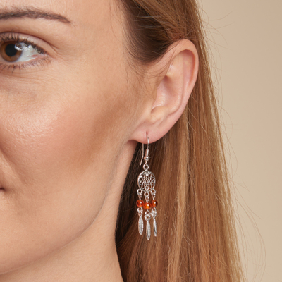 Wholesaler of jewelry and accessories - Dreamcatcher earrings with cognac amber ball, in rhodium silver 925/1000