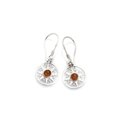 Wholesaler of jewelry and accessories - Sun earrings with natural cognac amber, in rhodium silver 925/1000
